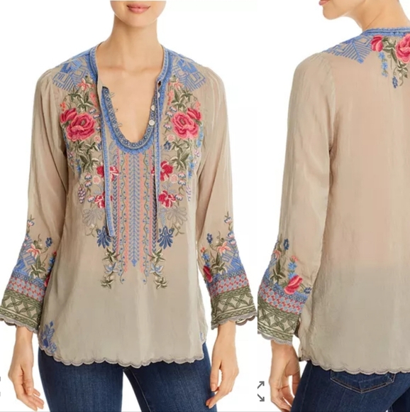 Johnny Was Millie Beige Floral Embroidered Blouse - Picture 3 of 11